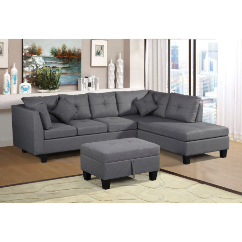 GFD Home - 3-Piece Sectional Sofa Set for Living Room with Right Hand Chaise Lounge and Storage Ottoman in Gray - W311S00004 - GreatFurnitureDeal