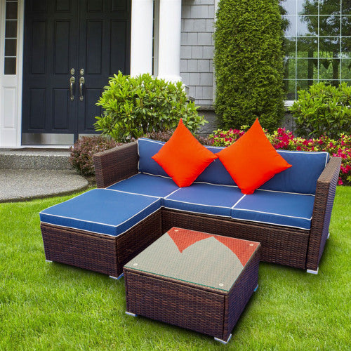GFD Home - 3 Piece Patio Sectional Wicker Rattan Outdoor Furniture Sofa Set in Blue - W329S00005