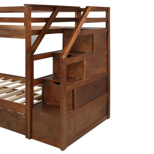 GFD Home - Twin-Over-Twin Bunk Bed with Twin Size Trundle and 3 Storage Stairs (Walnut) - LP000064AAD - GreatFurnitureDeal