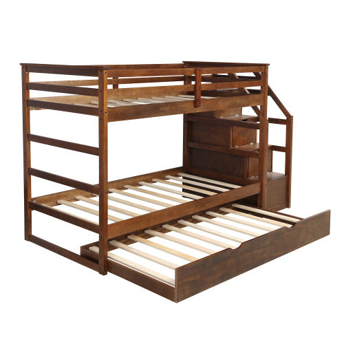 GFD Home - Twin-Over-Twin Bunk Bed with Twin Size Trundle and 3 Storage Stairs (Walnut) - LP000064AAD