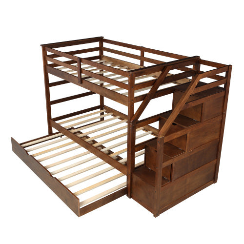 GFD Home - Twin-Over-Twin Bunk Bed with Twin Size Trundle and 3 Storage Stairs (Walnut) - LP000064AAD