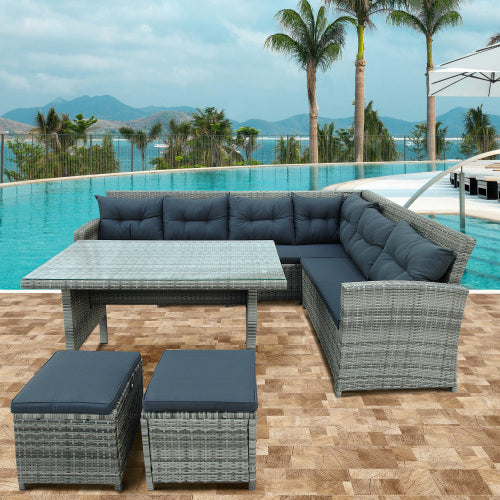 GFD Home - 6-Piece Patio Furniture Set Outdoor Sectional Sofa with Glass Table, Ottomans for Pool, Backyard, Lawn in Gray - SH000069AAA