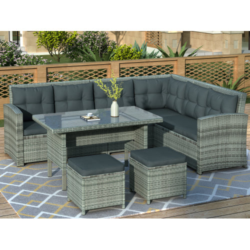 GFD Home - 6-Piece Patio Furniture Set Outdoor Sectional Sofa with Glass Table, Ottomans for Pool, Backyard, Lawn in Gray - SH000069AAA - GreatFurnitureDeal