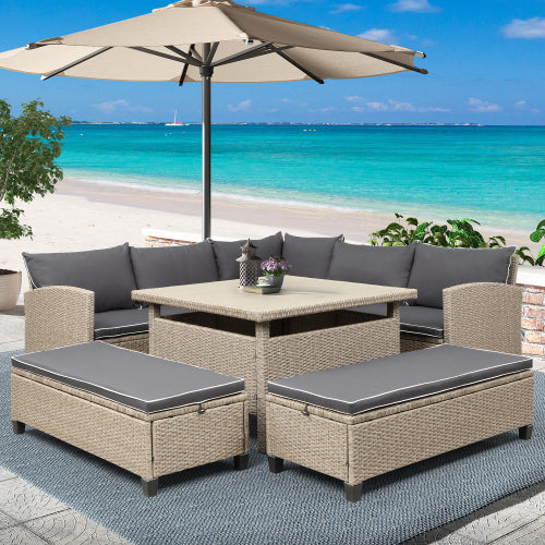 GFD Home - 6-Piece Patio Furniture Set Outdoor Wicker Rattan Sectional Sofa with Table and Benches for Backyard, Garden, Poolside in Brown - SH000100AAE - GreatFurnitureDeal