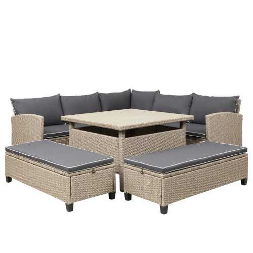 GFD Home - 6-Piece Patio Furniture Set Outdoor Wicker Rattan Sectional Sofa with Table and Benches for Backyard, Garden, Poolside in Brown - SH000100AAE