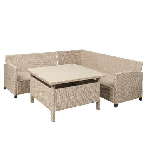 GFD Home - 6-Piece Patio Furniture Set Outdoor Wicker Rattan Sectional Sofa with Table and Benches for Backyard, Garden, Poolside in Brown - SH000100AAE