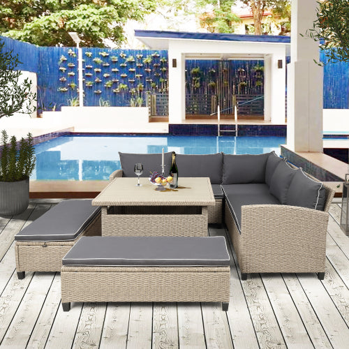 GFD Home - 6-Piece Patio Furniture Set Outdoor Wicker Rattan Sectional Sofa with Table and Benches for Backyard, Garden, Poolside in Brown - SH000100AAE - GreatFurnitureDeal