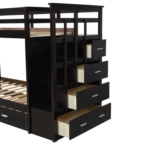 GFD Home - Solid Wood Bunk Bed, Hardwood Twin Over Twin Bunk Bed with Trundle and Staircase, Natural Espresso Finish - LP000068AAP - GreatFurnitureDeal