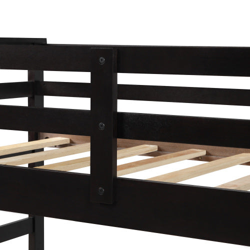 GFD Home - Solid Wood Bunk Bed, Hardwood Twin Over Twin Bunk Bed with Trundle and Staircase, Natural Espresso Finish - LP000068AAP