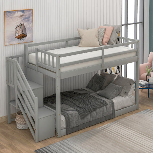 GFD Home - Twin over twin floor bunk bed, ladder with storage, gray - SM000106AAE