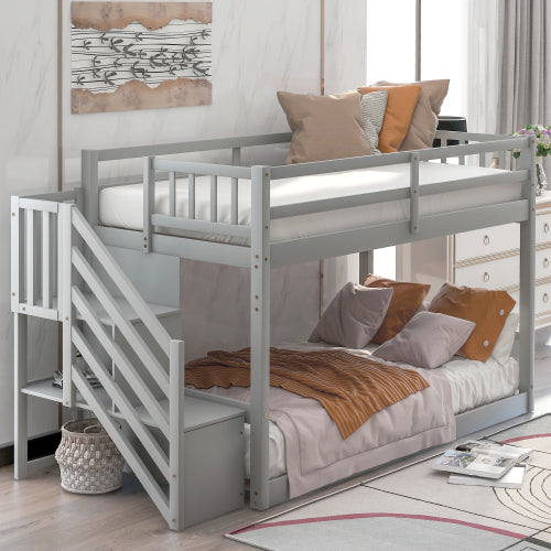 GFD Home - Twin over twin floor bunk bed, ladder with storage, gray - SM000106AAE - GreatFurnitureDeal
