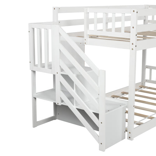 GFD Home - Twin over twin floor bunk bed, ladder with storage in White - SM000106AAK - GreatFurnitureDeal