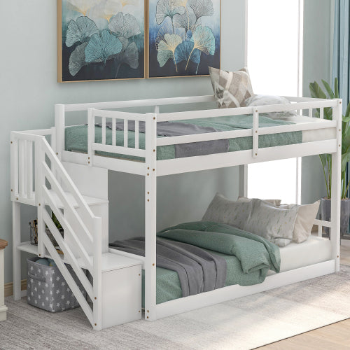 GFD Home - Twin over twin floor bunk bed, ladder with storage in White - SM000106AAK - GreatFurnitureDeal