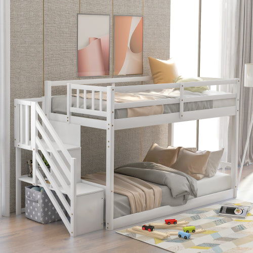 GFD Home - Twin over twin floor bunk bed, ladder with storage in White - SM000106AAK