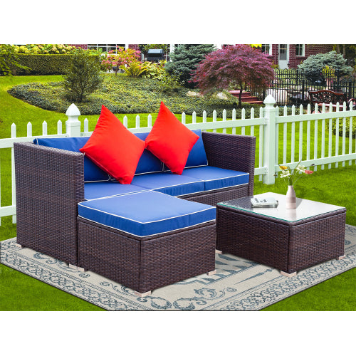 GFD Home - 3 Piece Patio Sectional Wicker Rattan Outdoor Furniture Sofa Set in Blue - W329S00005 - GreatFurnitureDeal