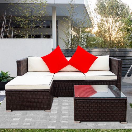 GFD Home - 3 Piece Patio Sectional Wicker Rattan Outdoor Furniture Sofa Set in Cream - W329S00004