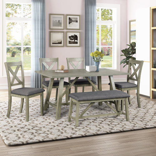 GFD Home - 6 Piece Dining Table Set Wood Dining Table and chair Kitchen Table Set with Table, Bench and 4 Chairs, Rustic Style, Gray - SH001091AAE - GreatFurnitureDeal
