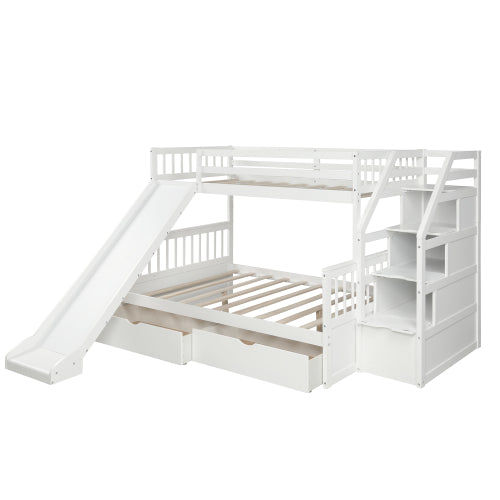 GFD Home - Twin over Full Bunk Bed with Drawers,Storage and Slide, Multifunction, White - SM000109AAK - GreatFurnitureDeal