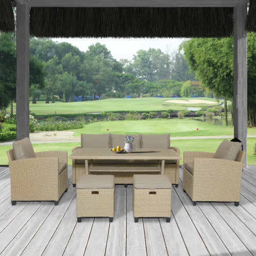 GFD Home - 6 Piece Outdoor Rattan Wicker Set Patio Garden Backyard Sofa, Chair, Stools and Table in Brown - SH000036CAA