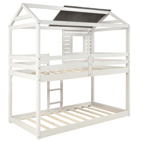 GFD Home - Twin Over Twin Bunk Bed Wood Loft Bed Bedroom Furniture with Roof, Window, Guardrail, Ladder for Kids, Teens, Girls, Boys ( Antique White) - LP000088AAK