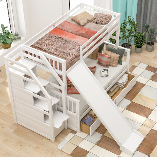 GFD Home - Twin over Full Bunk Bed with Drawers,Storage and Slide, Multifunction, White - SM000109AAK - GreatFurnitureDeal