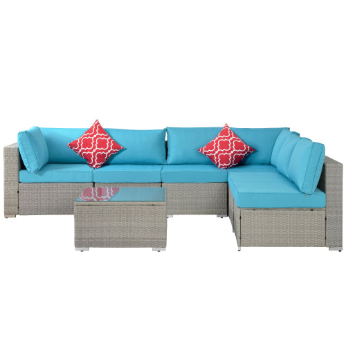 GFD Home - Outdoor Garden Patio Furniture 7-Piece PE Rattan Wicker Sectional Cushioned Sofa Sets with 2 Pillows and Coffee Table - W213S00004