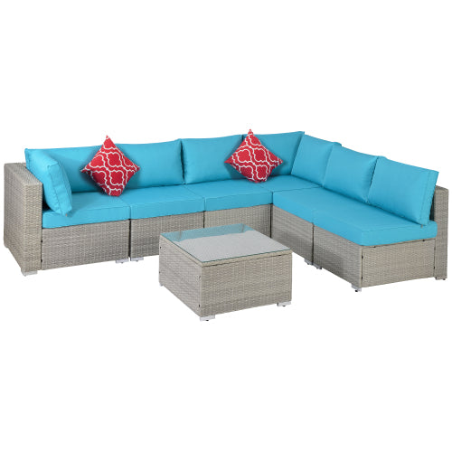 GFD Home - Outdoor Garden Patio Furniture 7-Piece PE Rattan Wicker Sectional Cushioned Sofa Sets with 2 Pillows and Coffee Table - W213S00004 - GreatFurnitureDeal