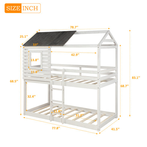 GFD Home - Twin Over Twin Bunk Bed Wood Loft Bed Bedroom Furniture with Roof, Window, Guardrail, Ladder for Kids, Teens, Girls, Boys ( Antique White) - LP000088AAK - GreatFurnitureDeal