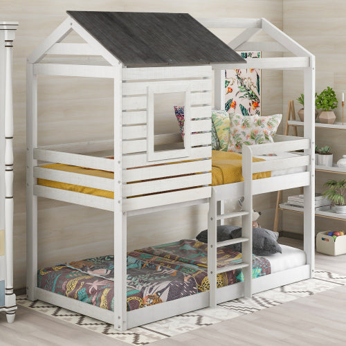 GFD Home - Twin Over Twin Bunk Bed Wood Loft Bed Bedroom Furniture with Roof, Window, Guardrail, Ladder for Kids, Teens, Girls, Boys ( Antique White) - LP000088AAK - GreatFurnitureDeal