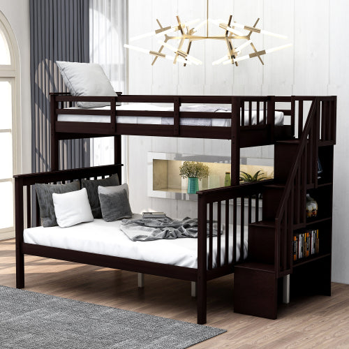 GFD Home - Twin-Over-Twin Bunk Bed with Storage and Guard Rail for Bedroom, Dorm, for Kids, Adults, Espresso - LP000019AAP - GreatFurnitureDeal
