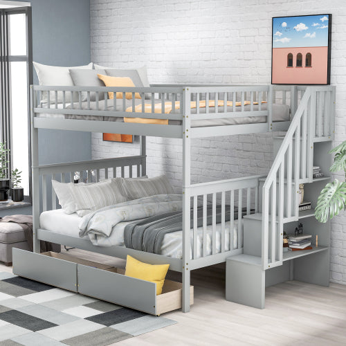 GFD Home - Full over Full Bunk Bed with Two Drawers and Storage, Gray - SM000113AAE - GreatFurnitureDeal