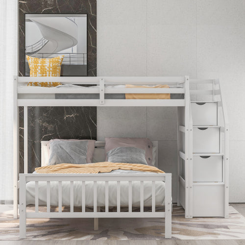 GFD Home - Twin over Full Loft Bed, with Storage, White - SM000107AAK - GreatFurnitureDeal