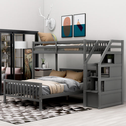 GFD Home - Twin Over Full Loft Bed, with Storage, Gray - SM000107AAE
