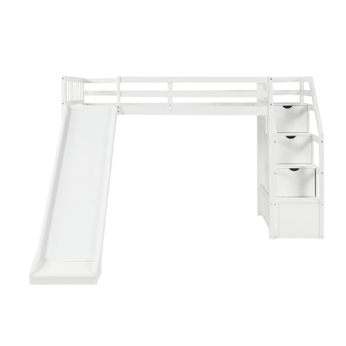 GFD Home - Twin Size Loft Bed with Storage and Slide, White - SM000108AAK - GreatFurnitureDeal