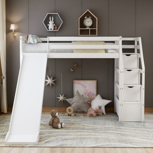 GFD Home - Twin Size Loft Bed with Storage and Slide, White - SM000108AAK