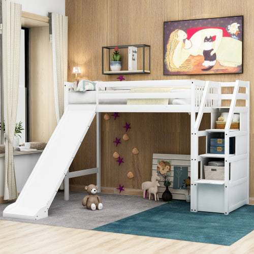 GFD Home - Twin Size Loft Bed with Storage and Slide, White - SM000108AAK
