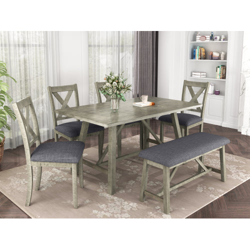 GFD Home - 6 Piece Dining Table Set Wood Dining Table and chair Kitchen Table Set with Table, Bench and 4 Chairs, Rustic Style, Gray - SH001091AAE
