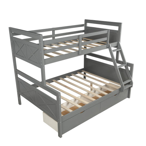 GFD Home - Twin Over Full Bunk Bed with ladder, Two Storage Drawers, Safety Guardrail, Gray - SM000119AAE - GreatFurnitureDeal