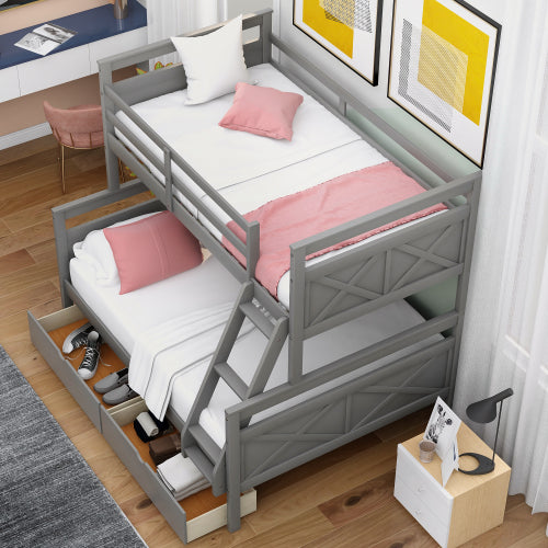 GFD Home - Twin Over Full Bunk Bed with ladder, Two Storage Drawers, Safety Guardrail, Gray - SM000119AAE