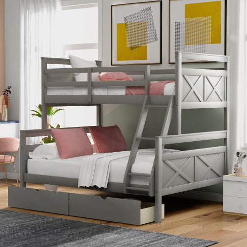 GFD Home - Twin Over Full Bunk Bed with ladder, Two Storage Drawers, Safety Guardrail, Gray - SM000119AAE - GreatFurnitureDeal