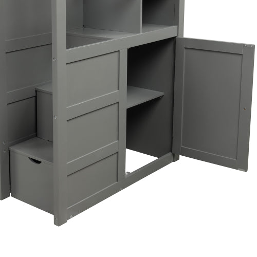 GFD Home - Twin Over Full-Twin Bunk Bed, Convertible Bottom Bed, Storage Shelves and Drawers, Gray - SM000117AAE