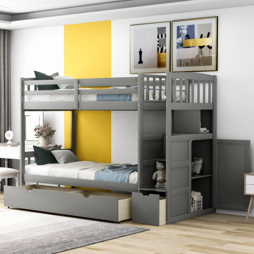 GFD Home - Twin Over Full-Twin Bunk Bed, Convertible Bottom Bed, Storage Shelves and Drawers, Gray - SM000117AAE