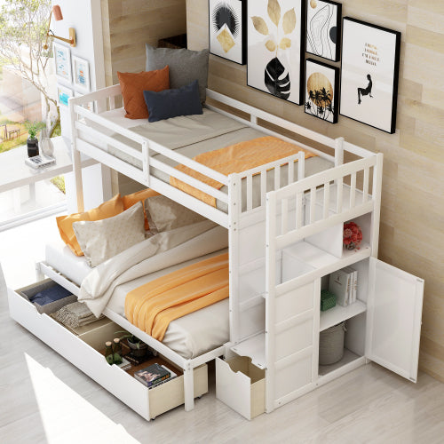 GFD Home - Twin Over Full-Twin Bunk Bed, Convertible Bottom Bed, Storage Shelves and Drawers in White - SM000117AAK