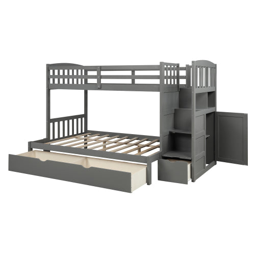 GFD Home - Twin Over Full-Twin Bunk Bed, Convertible Bottom Bed, Storage Shelves and Drawers, Gray - SM000117AAE - GreatFurnitureDeal