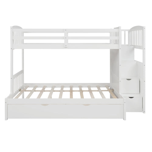 GFD Home - Twin Over Full-Twin Bunk Bed, Convertible Bottom Bed, Storage Shelves and Drawers in White - SM000117AAK - GreatFurnitureDeal