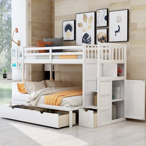GFD Home - Twin Over Full-Twin Bunk Bed, Convertible Bottom Bed, Storage Shelves and Drawers in White - SM000117AAK - GreatFurnitureDeal