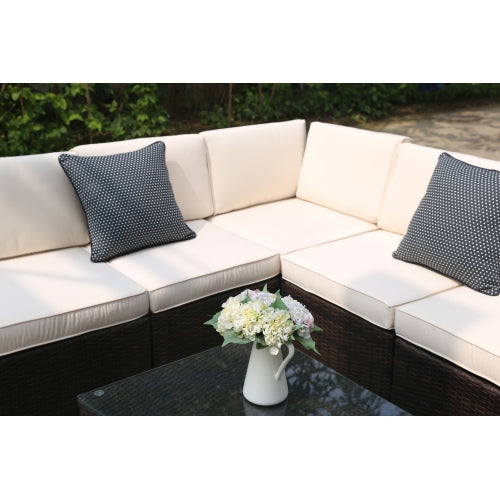 GFD Home - 6 Piece Outdoor Patio PE Rattan Wicker Sofa Sectional Furniture brown rattan with beige cushion - W261S00004