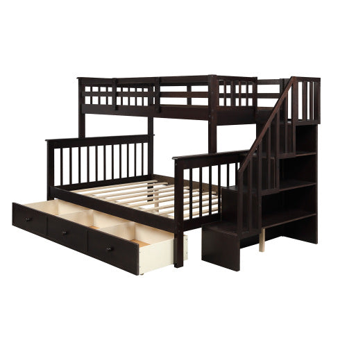 GFD Home - Stairway Twin-Over-Full Bunk Bed with Drawer, Storage and Guard Rail for Bedroom, Dorm, for Adults, Espresso - LP000219AAP - GreatFurnitureDeal