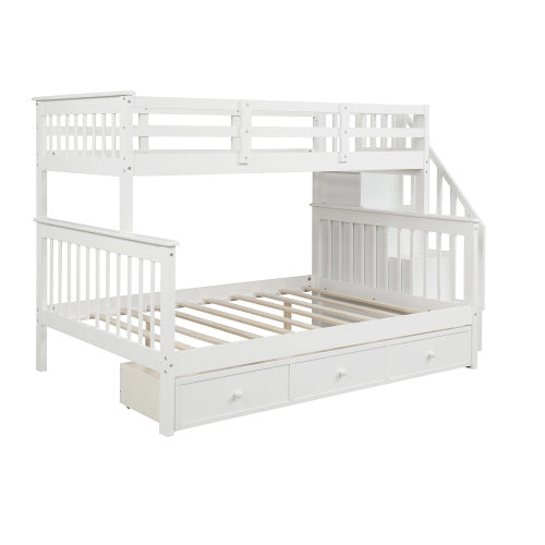 GFD Home - Stairway Twin-Over-Full Bunk Bed with Drawer, Storage and Guard Rail for Bedroom, Dorm, for Adults, White - LP000219AAK - GreatFurnitureDeal