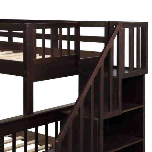 GFD Home - Stairway Twin-Over-Full Bunk Bed with Drawer, Storage and Guard Rail for Bedroom, Dorm, for Adults, Espresso - LP000219AAP